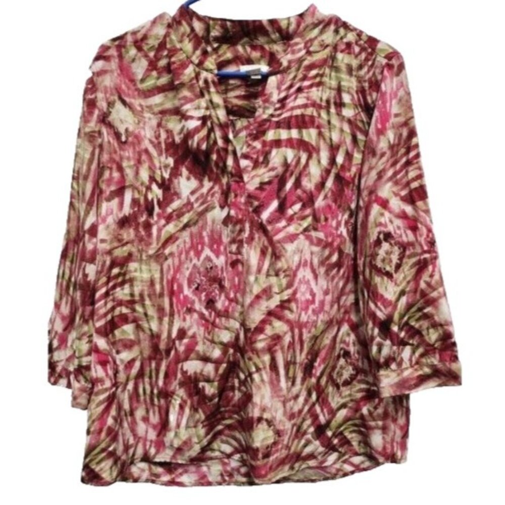 Chicos Womens Wearable Art Blouse Top Medium Maroon Abstract 3/4 Sleeve‎ BOHO